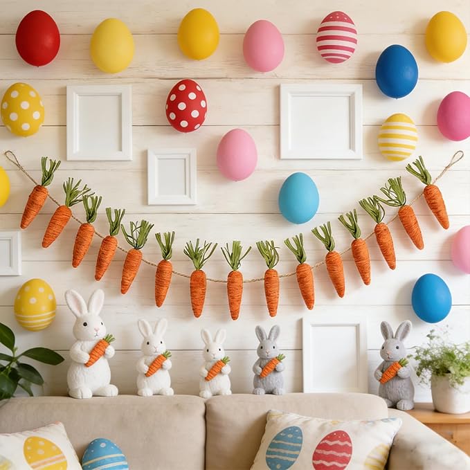 10 FT Artificial Easter Carrot Garland with 15 Carrot Ornaments - Easter Decoration Hanging Banner for Mantel Fireplace Home Kitchen Party Decor