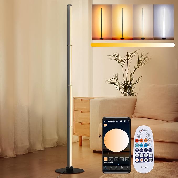 PMS 63" Floor Lamp, 24W Stepless Dimmable Brightness Corner Lamp,Warm to White Color Changing Metal Standing Lamp with APP & Remote Control for Living Room, Bedroom Decorated