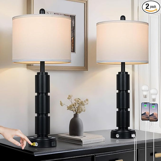 Set of 2 Modern Table Lamps for Living Room Bedroom,29" Tall Bedside Lamp with 2 USB Port,Black Metal Touch Nightstand Lamp for Desk End Side Table Entryway,Black