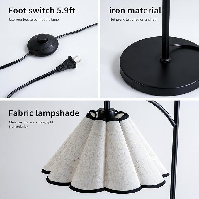 Floor Lamp with Pleated Linen Lampshade, Modern Flower Floor Lamp for Living Room Arc Standing Lamp, Gold Tall Lamp for Bedroom Office Dining Room, Bulb Included (Black + Black, 66.14IN)