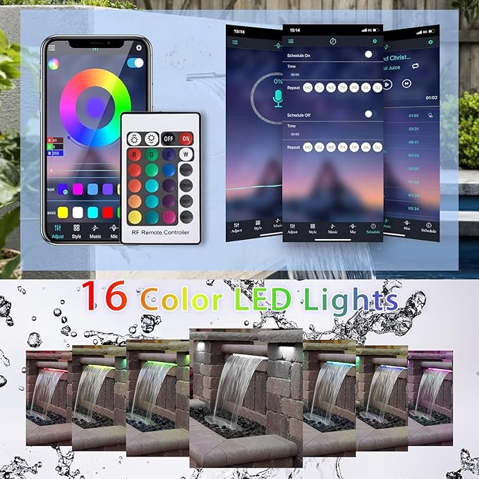 24 Inch APP Control Pool Waterfall Spillway Stainless Steel with LED Lights, Pond Fountain Set for Outdoor Decorations, Koi Pond Swimming Pool w/16 Color Changing Spillway for Sheer Descent