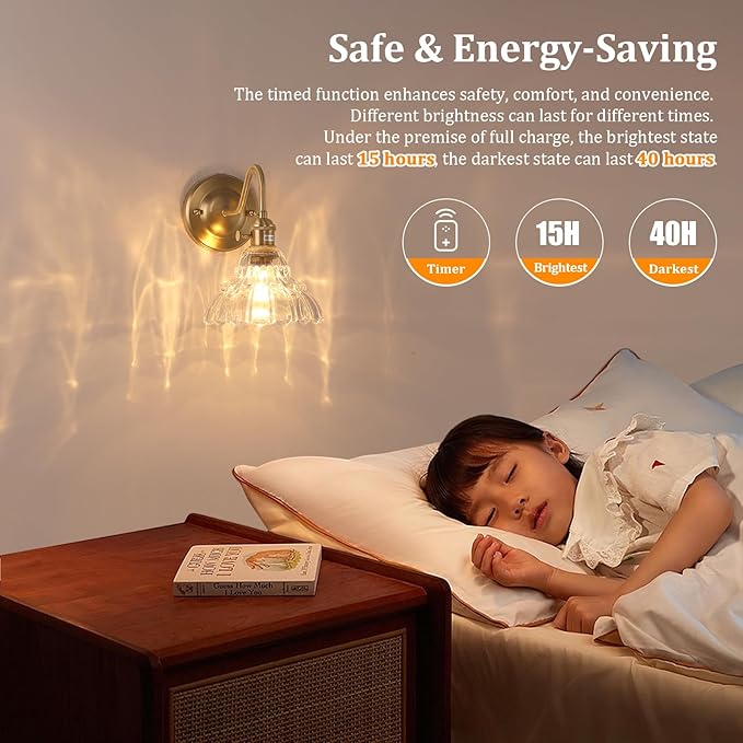 Battery Operated Wall Sconce, Vintage Rechargeable Wall Lights with Clear Lily Glass Shade, Wireless Indoor Wall Lamp with Remote for Bedroom Living Room Bathroom Hallway