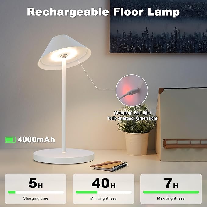 Rechargeable Floor Lamp for Indoor/Outdoor, Cordless Tall Standing Lamp with 3 Color Temps & Dimmable, IP43 Waterproof, Adjustable Height 16-59 Inch, LED Floor Lamp for Living Room,Patio(White)