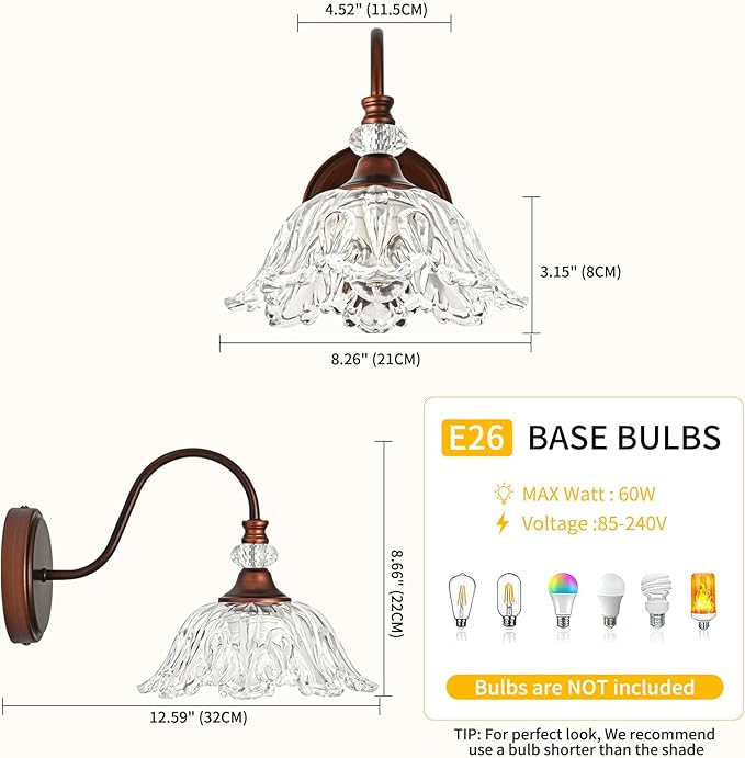 1-Piece Oil-Rubbed Bronze Vintage Wall Sconce with Floral Etched Clear Glass Shade, Farmhouse Wall Mount Lighting for Bathroom,Vintage Bathroom Vanity Light Fixtures