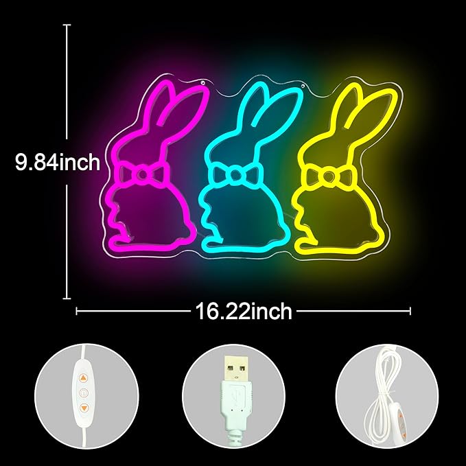 Easter Neon Sign Bunny Neon Light for Bedroom Home Three Rabbits Neon Window Lights Bunny LED Signs Easter Decor for Wall Cute Bow Rabbits Tabletop Decorations for Party