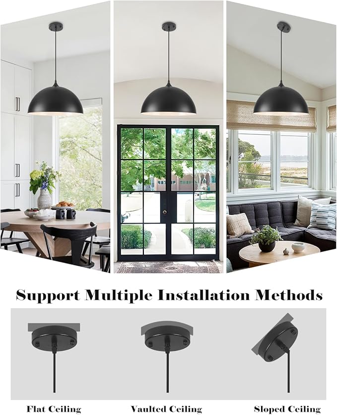 Large Pendant Lights Kitchen Island, 16 Inch Black and White Dome Pendant Light, Black Farmhouse Pendant Light, Large Industrial Pendant Lights for Kitchen Island, Dining Room, Cafe, 2 Pack