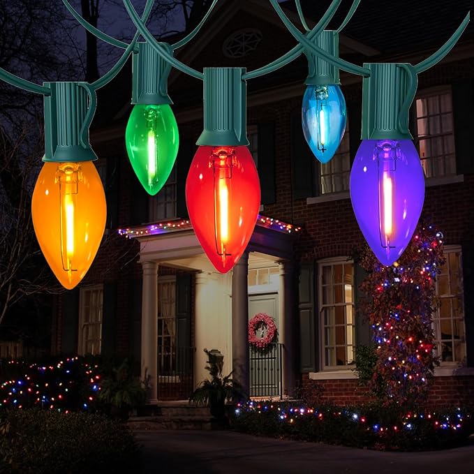 25FT C7 LED Christmas Lights Indoor Outdoor, 25 Multicolor Waterproof Bulbs, Connectable Dimmable String Lights Perfect for Roof Tree Fence and Patio Vintage Style