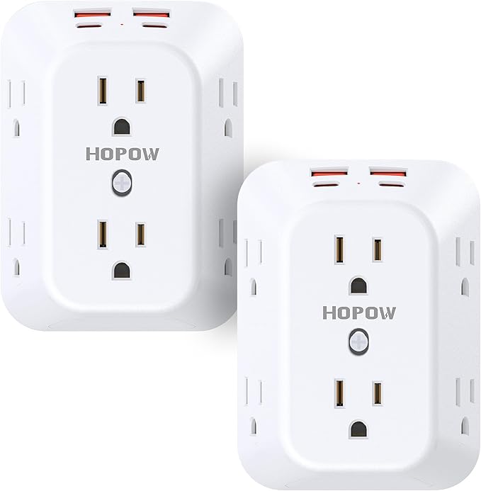 2 Pack Outlet Extender Surge Protector, HOPOW 6 Outlet Splitter with 4 USB Ports (2 USB C), USB Wall Charger, 3-Sided 1050J Multi Plug Wall Outlet, Wall Mount for Home Travel Office Travel, White