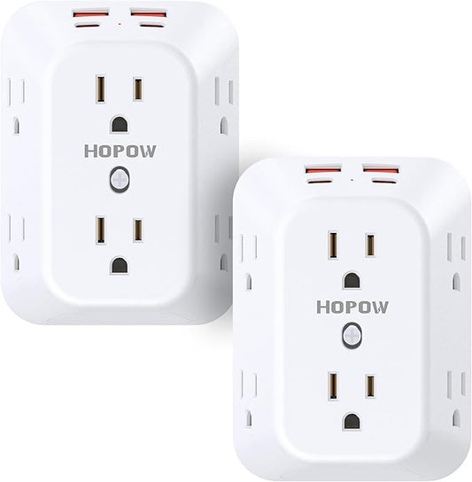2 Pack Outlet Extender Surge Protector, HOPOW 6 Outlet Splitter with 4 USB Ports (2 USB C), USB Wall Charger, 3-Sided 1050J Multi Plug Wall Outlet, Wall Mount for Home Travel Office Travel, White