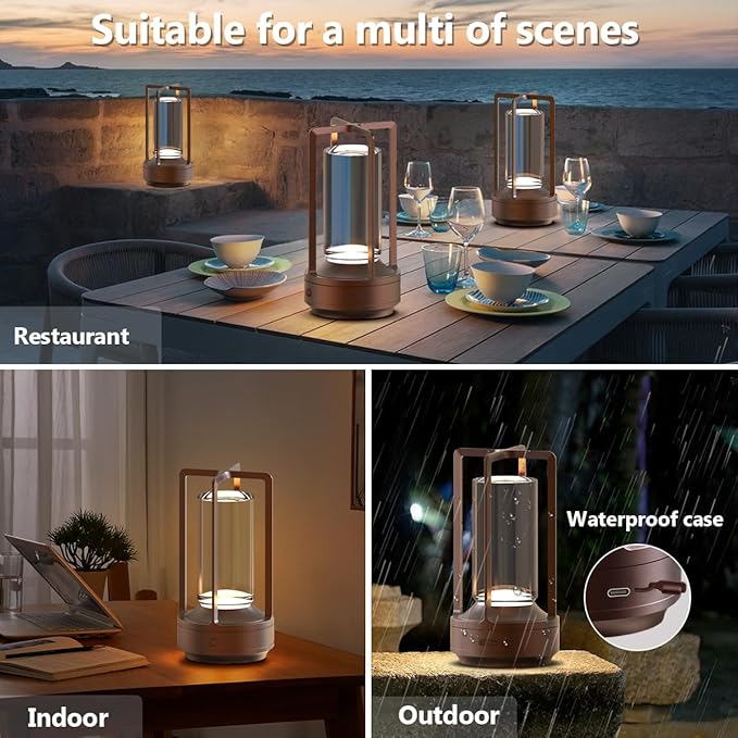 Small Cordless Table Lamps Rechargeable Set of 2 for Indoor/Outdoor, Portable Battery Operated Powered Lamps, Dimmable 3 Color Modes Waterproof, LED Desk Lights for Bedroom/Restaurant/Camping-Brown