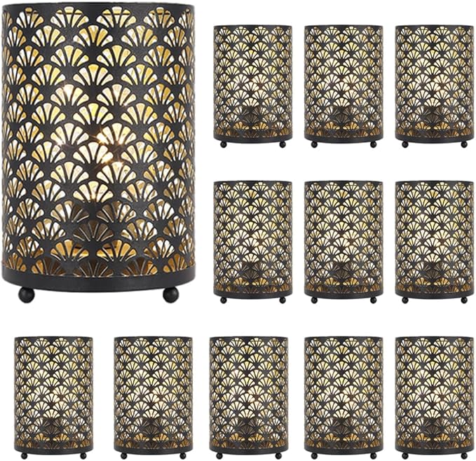 TRIROCKS Set of 12 Table Lamp 6.5'' Tall Metal Cordless Table Lamp Bronze Lanterns with Warm Fairy Lights Bulb for Patio Garden Wedding Parties Indoor Outdoor(Scalloped Hollow Pattern)