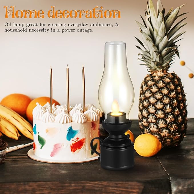 Zerodeko Kerosene Lamp Vintage Flameless Table Lamp Led Kerosene Lantern Clear Hurricane Lamp Battery Operated Nightstand for Bedroom Living Room Black