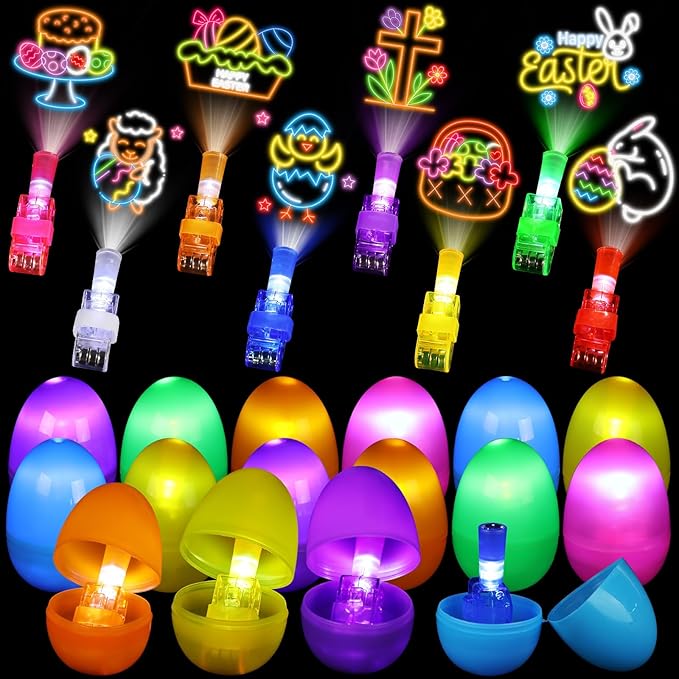 36 Pcs Prefilled Easter Eggs with Light up Finger Lights Toys, Easter Basket Stuffers Party Games, Goodie Bag Fillers, Easter Egg Hunt Party Favors for Boys & Girls