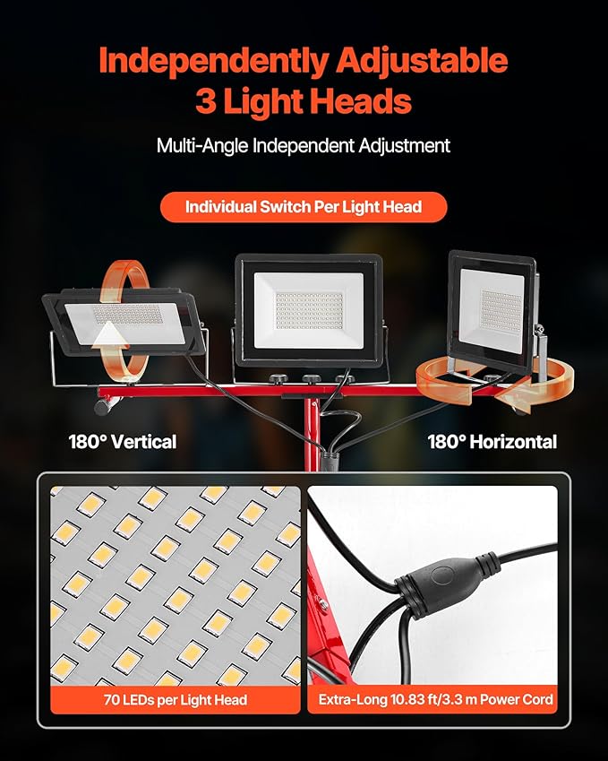 VEVOR LED Work Light with Stand, 15000 Lumens, Three-Head Portable Camping Light with Individual Switch, Tripod Stand, 10.83 ft Power Cord, for Indoor Outdoor Job Site Construction, IP65 Waterproof