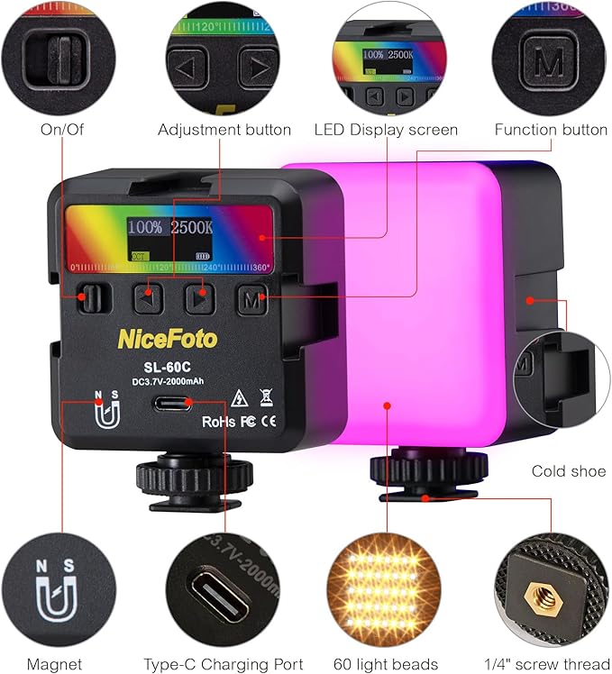 NiceFoto Portable LED Video Light, Magnetic 360° Full Color RGB Camera Lights with 3 Cold Shoe Mounts, 2500K-9000K, CRI 96+, 18 Scene Modes, for Vlog Filming, TikTok, Live, Photography ﻿