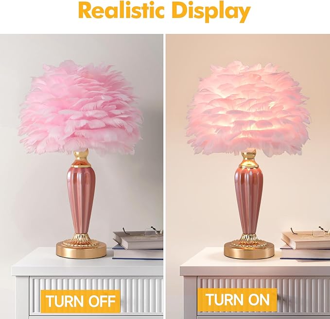 Pink Feather Lamp Creative Bedside Lamp Feather Table Lamp Cute Furry Goose Nightstand Light for Girl Bedroom Wedding Decor Living Room Hotel Office Valentines Dating Gift