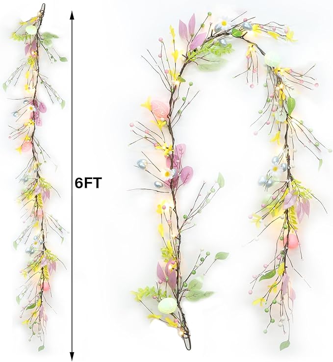 DR.DUDU 6 ft Easter Garland Decoration with Easter Eggs, Pre-Lit Artificial Hanging Floral Garland Spring Decor for Indoor Outdoor Home Kitchen Mantle Fireplace Holiday Party