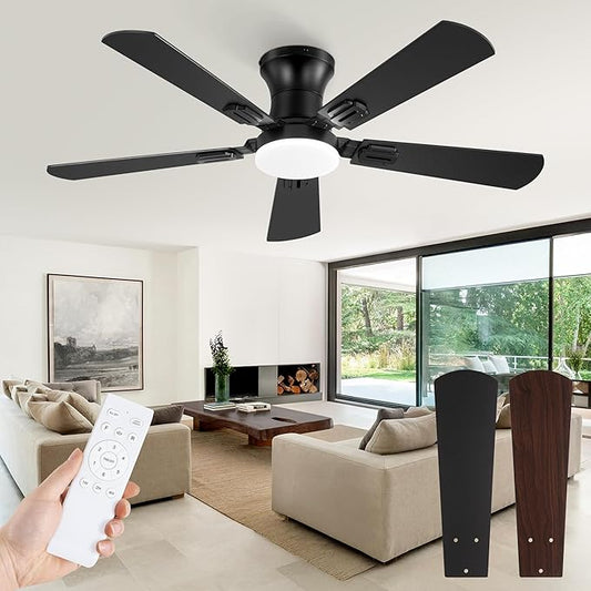 Fanbulous 42 Inch Ceiling Fans with Lights and Remote, Low Profile Indoor Black Ceiling Fan with 6 Speeds & 3CCT, Flush Mount, Dual-Finish 5 Blades,Quiet DC Motor for Living Room Bedroom