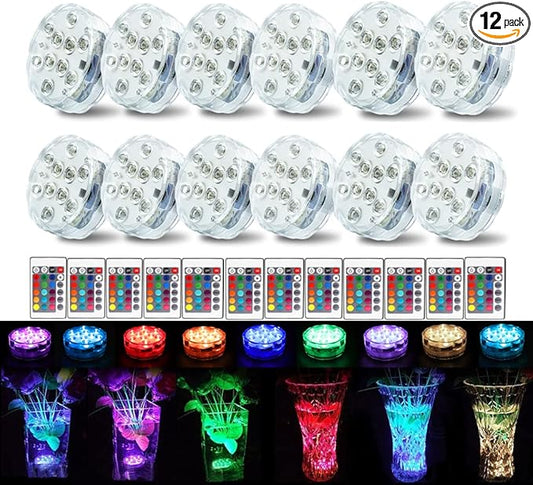 [12-Pack] Submersible LED Lights with Remote Control, 16 Colors Changing Waterproof LED Tea Lights, Pool lamp Battery Operated Underwater Pond Lights for Aquarium Garden Wedding Party