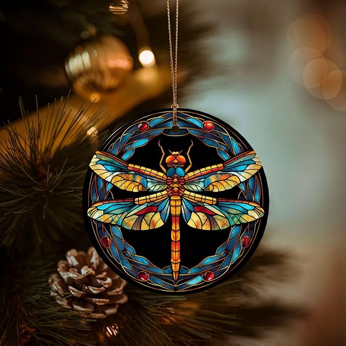 Dragonfly Tribe Christmas Ornaments, Christmas Decorations Xmas Tree Hanging Ornaments, Round Ceramic Festive Keepsake Gift for Xmas Decorations Holiday Home Decor