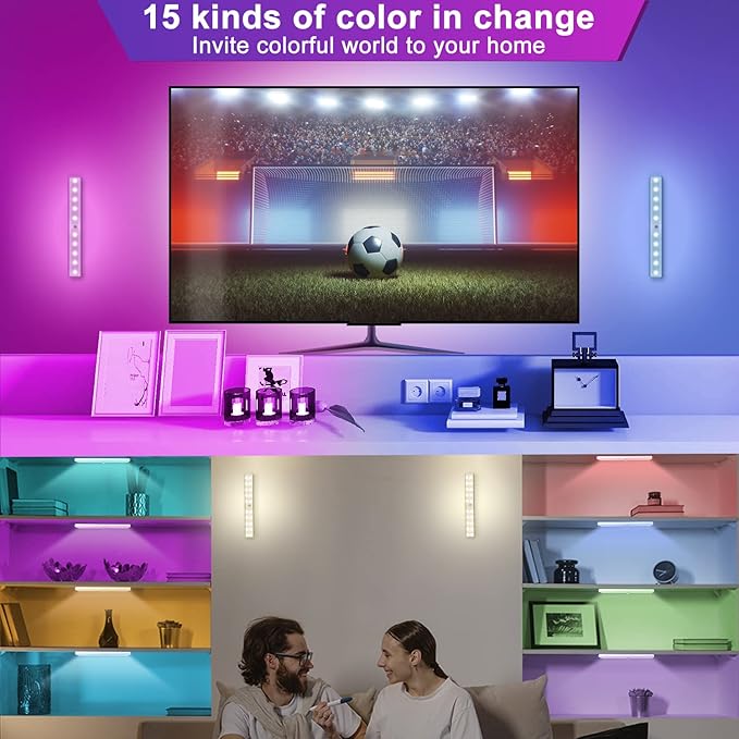 Under Cabinet Lighting Wireless with Remote, 48 LED Rechargeable Under Cabinet Lights, Kitchen Counter Lights Dimmable LED Closet Light RGB Bar for Shelf, Car, Hallway, 15 Color Changing, 6 Pack