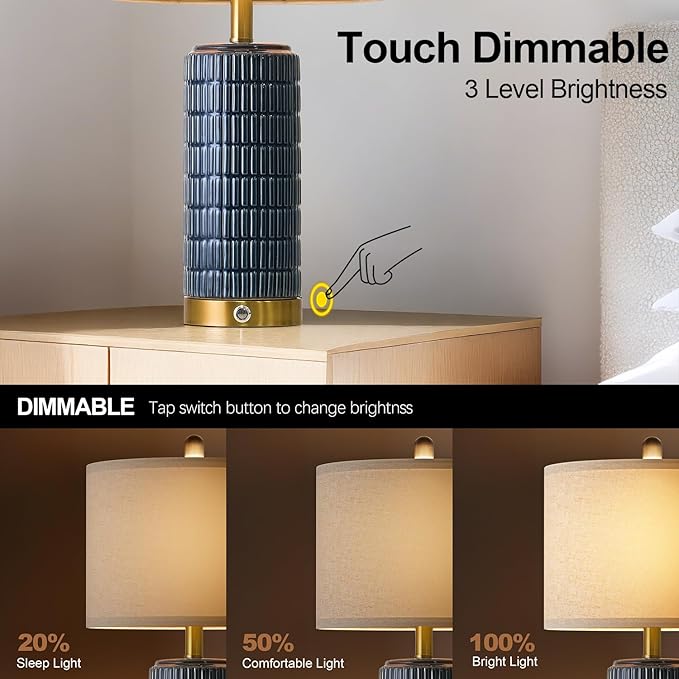 PoKat Touch Bedside Table Lamps with USB Ports for Bedroom, 25'' Dimmable Nightstand Touch Lamps for Living Room, Blue Ceramic Lamps with Gold Base for Night Stands Bedroom, Nursery, Dark Blue