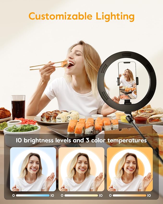 Ring Light with Stand for Desk,Adjustable Overhead Phone Mount with 10" Ring Light Tripod for iPhone,Phone Tripod with Light and Remote Phones Holder for Video Recording,Live Stream,Cooking Video