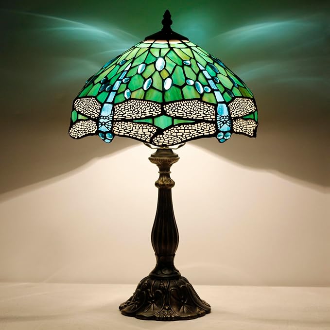 Tiffany Lamp Touch Control Table Lamp Green Stained Glass Desk Lamp 12X12X19 Inches Dragonfly Style Reading Light