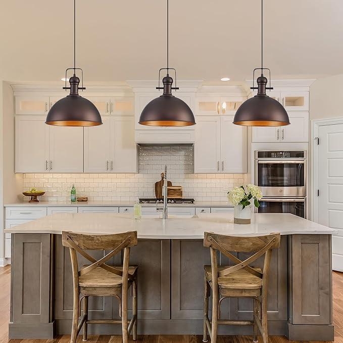 12 Inch Oil Rubbed Bronze Farmhouse Pendant Lights Large Pendant Lights for Kitchen Island Industrial Adjustable Height Vintage Big Dome Hanging Light Fixtures for Barn, Dining Room 2 Packs