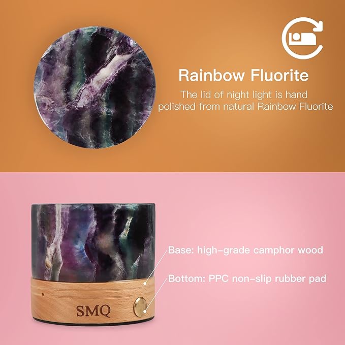 SMQ Rainbow Fluorite Crystal Night Light with USB Charging Port,Handmade Polished Natural Stone Cylindrical Touch Night Lamp with Wooden Base for Living Room,Shelf,Office