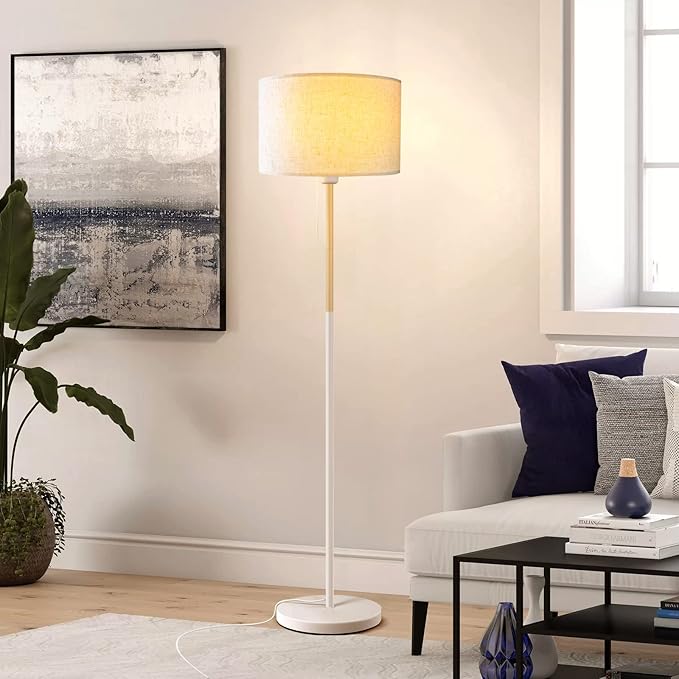 Bedroom Floor Lamp Farmhouse Floor Lamps for Living Room Mid-Century Pole Lamp Linen Lamp Shade, Standing Tall Lamps for Bedrooms and Office (White)