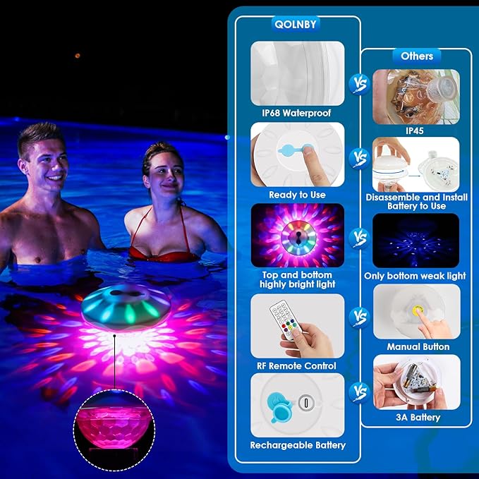 Floating Pool Lights, Pool Lights with 6 Dynamic Lighting Effects, IP68 Waterproof Underwater Light That Float, Rechargeable RGB Upper and Lower Color Changing Light for Inground Pool-6PACK