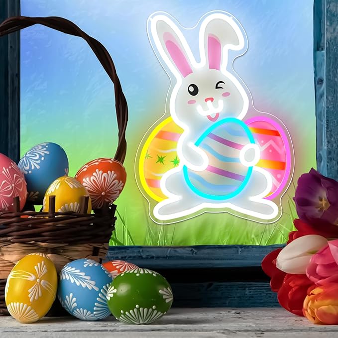 Easter Neon Sign Bunny Led Sign Printing Easter Wall Decor Bunny Eggs Light Sign Rabbit Decorations for Door Window Easters Gifts for Kids