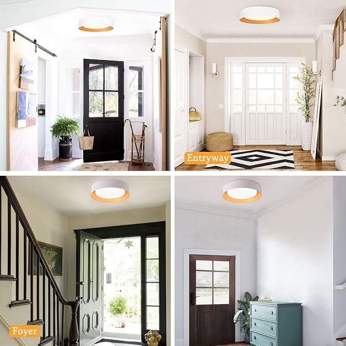 Bargeni 16.5 inch Dimmable LED Flush Mount Ceiling Light, Matte White with Gold Inside, 3000K/Warm White/30W, Modern Light Fixture for Closet and Hallway