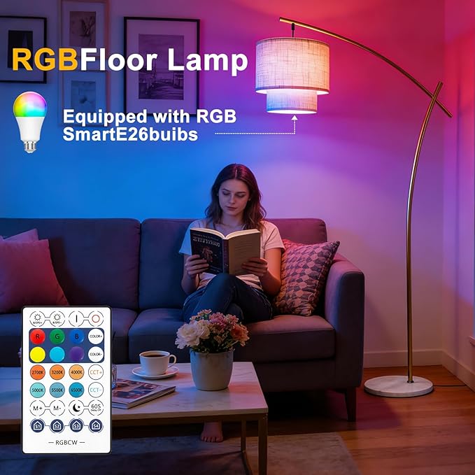 Lightdot Arc RGB Floor Lamp for Living Room, Modern Standing Lamps with Remote Control, Corner Lamp Tall Hanging Pole Lamp with Smart Bulb Included Double Linen Lamp for Bedroom Sofa Beside/Home Decor