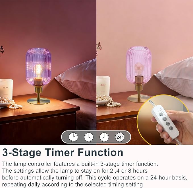 Mid Century Glass Table Lamp,Dimmable Desk Lamp,LED Bulb Included,Timer Build-in,Pink Ribbed Glass