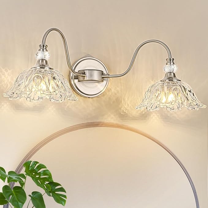 Brushed Nickel Bathroom Vanity Light, 2-Light Vanity Light with Floral Clear Glass Shades, Nickel Wall Mount Lighting for Bathroom, Dressing Table