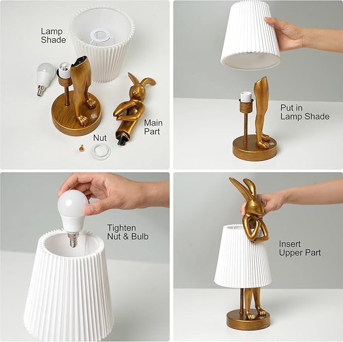Bunny Cordless Table Lamp with 5000mAh Battery,Rechargeable Resin Rabbit Lamp with Pleated Shade Stepless Dimmable LED Small Cute Animal Light for Kids Room Home Decor Adult Gift(White)