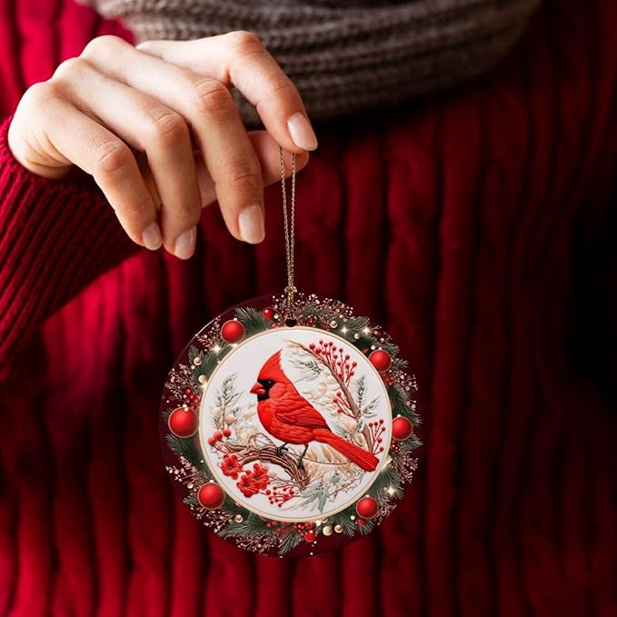 Merry Christmas Cardinal Red Ball Christmas Ornaments, Christmas Decorations Xmas Tree Hanging Ornaments, Round Ceramic Festive Keepsake Gift for Xmas Decorations Holiday Home Decor