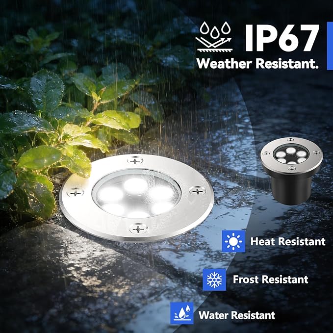 JESLED Low Voltage Landscape Lights, 6W LED Well Lights IP67 Waterproof, 6000K Bright White In-Ground Lights with Wire Connectors for Pathway, Deck, Patio, Yard, Garden (4 Pack)