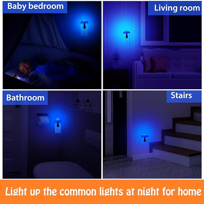 Mudder 2 Pack Mushroom Night Light Plug in Wall Lamp Sensor LED Mushroom Nightlight Cute Mini for Adult Kid Nursery Decor Gift(Blue)