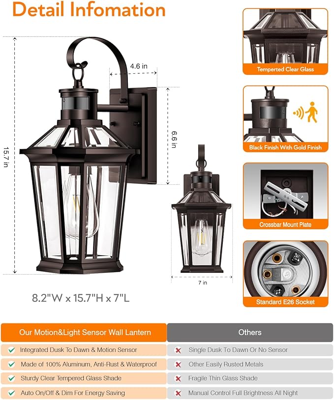 VIANIS Bronze Motion Sensor Outdoor Light, Dusk to Dawn Outdoor Lighting Wall Mount, Waterproof Exterior Light Fixtures for House, 100% Anti-Rust Aluminum Outside Wall Sconce for Front Porch Garage