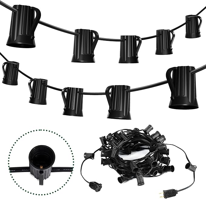 Brightown C9 Light Strand, 50FT Black Cord Outdoor String Lights Christmas Stringer with 12" Socket Spacing, C9/E17 Intermediate Base Indoor/Outdoor Stringer Set for Christmas Decor Patio