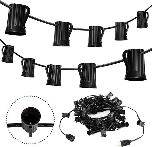 Brightown C9 Light Strand, 50FT Black Cord Outdoor String Lights Christmas Stringer with 12" Socket Spacing, C9/E17 Intermediate Base Indoor/Outdoor Stringer Set for Christmas Decor Patio