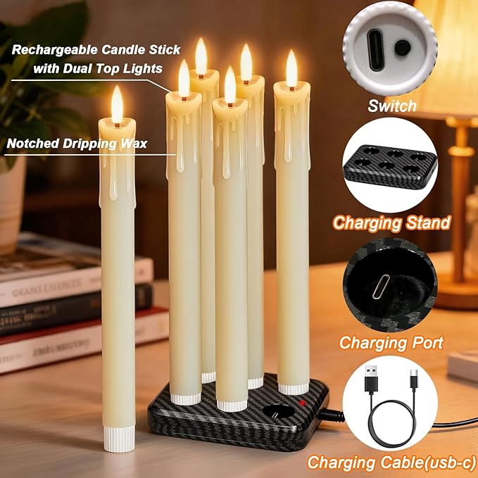 Rechargeable Flameless Taper Candles with Charging Station & Remote Timer, 6 Pcs Real Wax LED Taper Candles, Battery Operated Candlesticks for Home Wedding Christmas Decorations (Ivory)