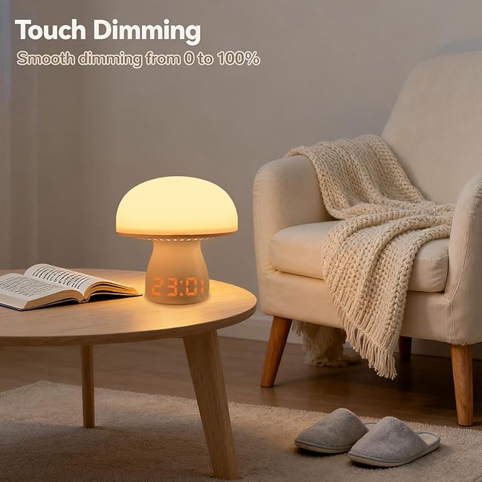 Mushroom Lamp with Clock, Cute Touch Bedside Table Lamps for Bedroom Living Room Decor, Small Portable Wireless Desk Lamp for Nightstand, Rechargeable Mushroom Night Light for Kids Adults (Model A)