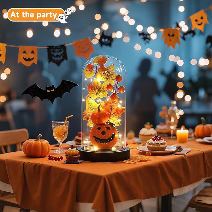 Halloween Decor -Jack-o'-Lantern- Decorations Indoor - Adorably Spooky Light-Up Pumpkin in Glass Cloche, Glowing Smiling Face Night Light for Home, Mantel & Party Halloween Displays