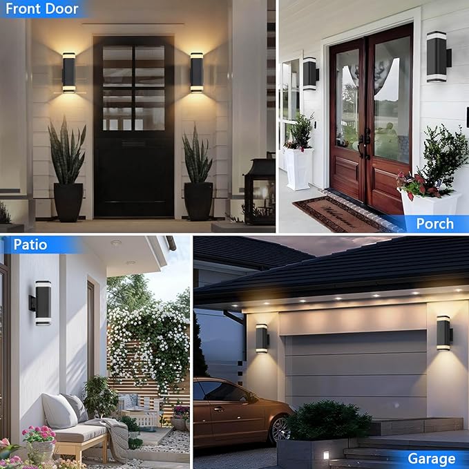 RAYVO Dusk to Dawn Outdoor Wall Lights 2 Pack, Modern Up and Down Exterior Lighting Fixtures with Sensor, Waterproof Aluminum Wall Sconce for Porch Garage Patio, LED Bulbs Included, Black Finish