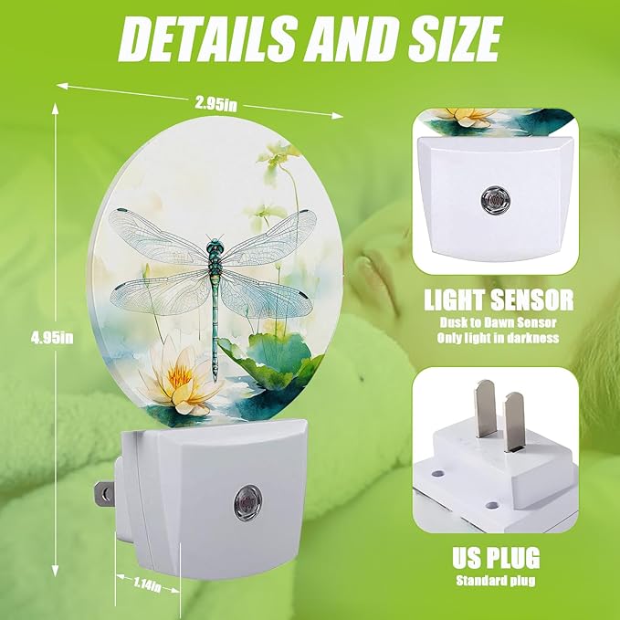 Dragonfly Watercolor Night Light,Plug-in Night Lights with Dusk-to-Dawn Sensor for Bedroom Bathroom and Living Room Sleep Friendly lamp