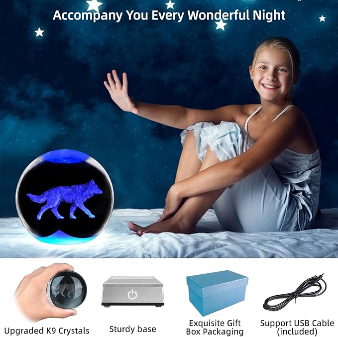 3D Wolf Crystal Ball Night Light 3.15 inch Glass Ball Table Lamp with Color Changing Touch Base Decor Ideal Wolf Statue Decor Gifts for Friends Kids Christmas Birthday